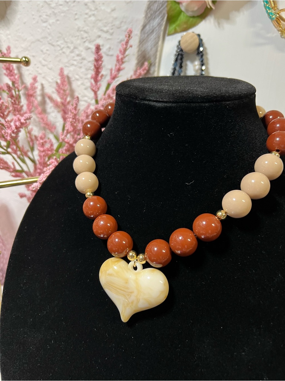 Brown & Cream Beaded Heart Necklace - Women Jewelry